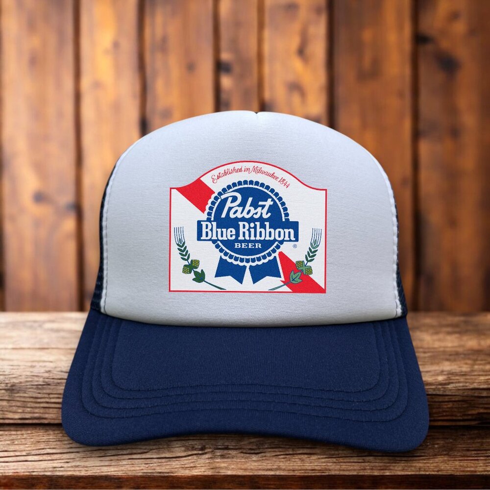 Pabst Blue Ribbon Mens Trucker Hat Navy Lager Beer Retro Logo Cap